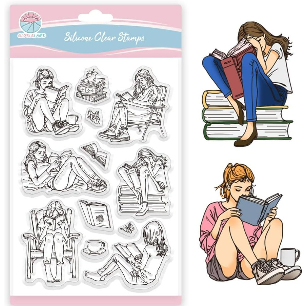 Lady and Books Clear Stamps Bo - Rubber Stamp Blank ulasan dan harga