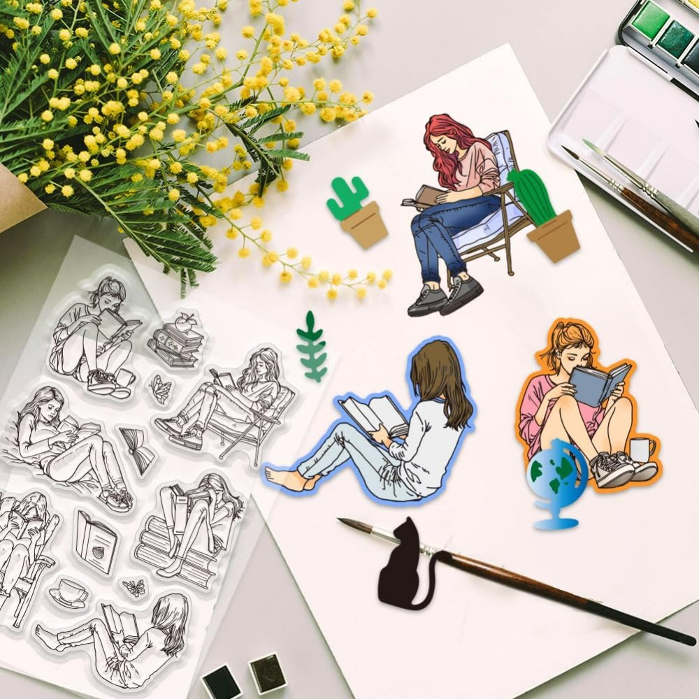 Lady and Books Clear Stamps Bo - Rubber Stamp Blank ulasan dan harga